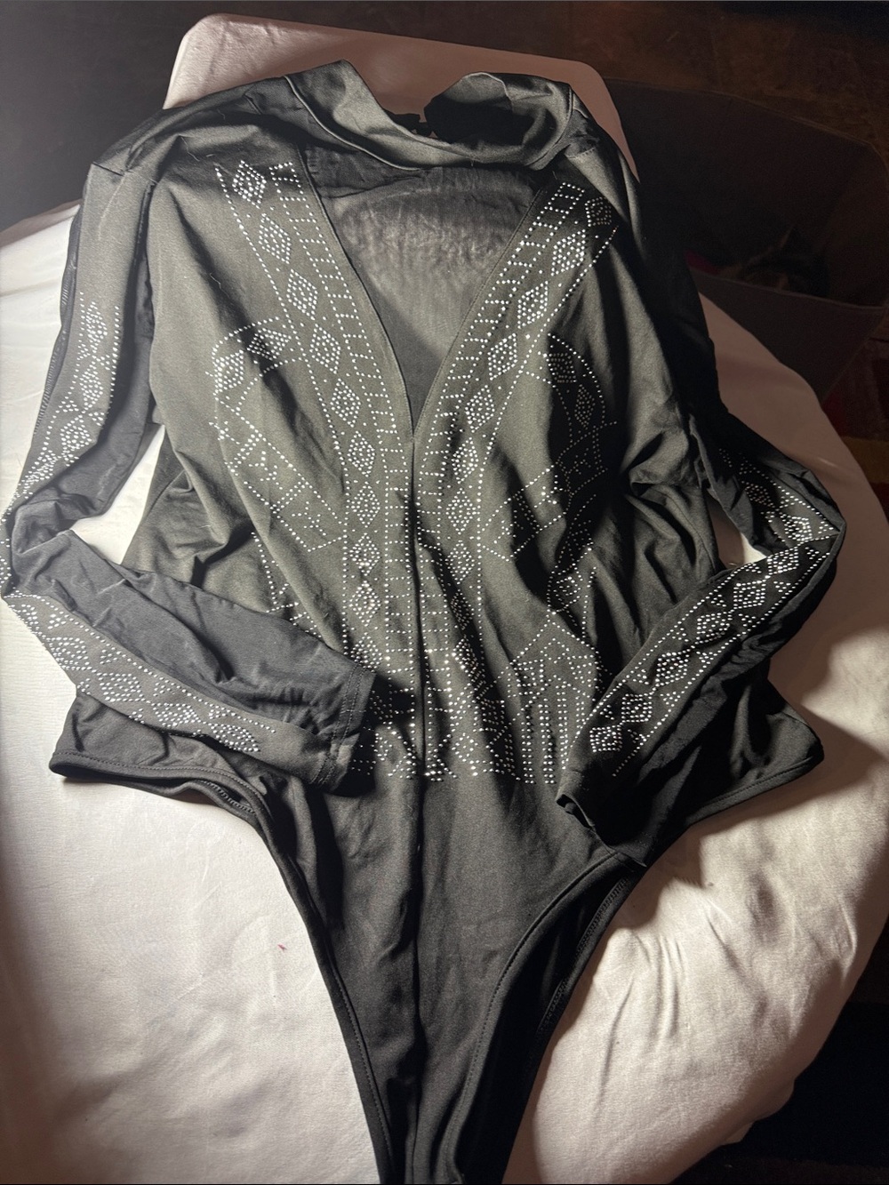 Black Long-Sleeve Rhinestone Bodysuit- cut out back- 2X